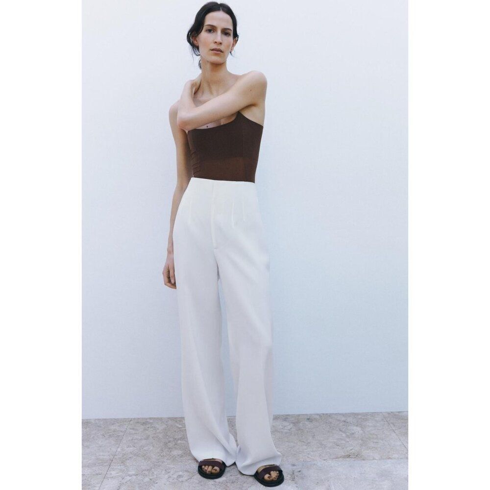 Zara Womens Pants trousers XS Ecru Zw Collection Darted Trousers 2398/198 NWD